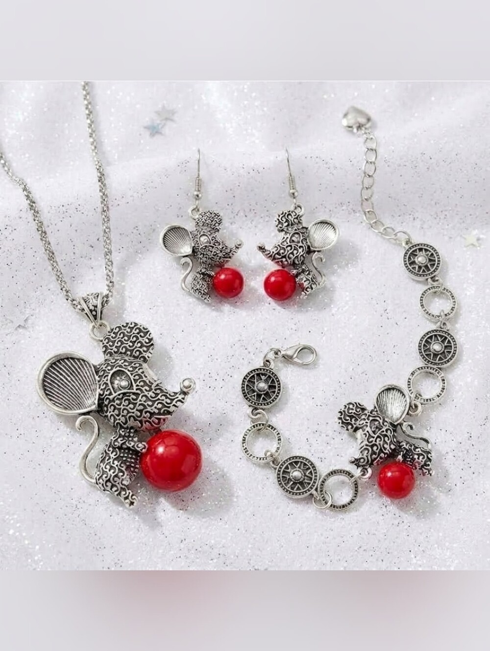 Silver plated red stone crystal mouse necklace earring bracelet set
